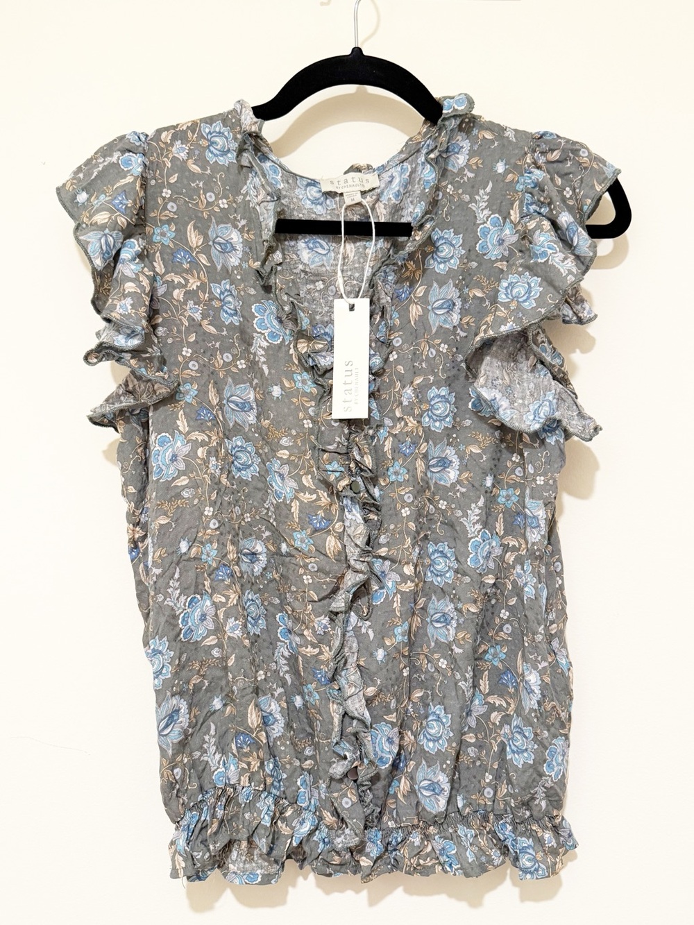 Status by Chenault Gray Top with Blue Floral Ruffle Details
